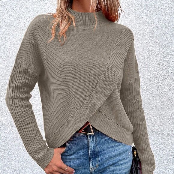 Khaki Casual Women's Stand Collar Pullover Sweater with Dropped Shoulder - Picture 5 of 6